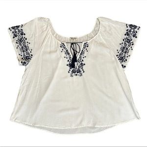 Show Me Your Mumu Sz L Hayden Embroidered Floral Tunic Blouse White Navy EUC